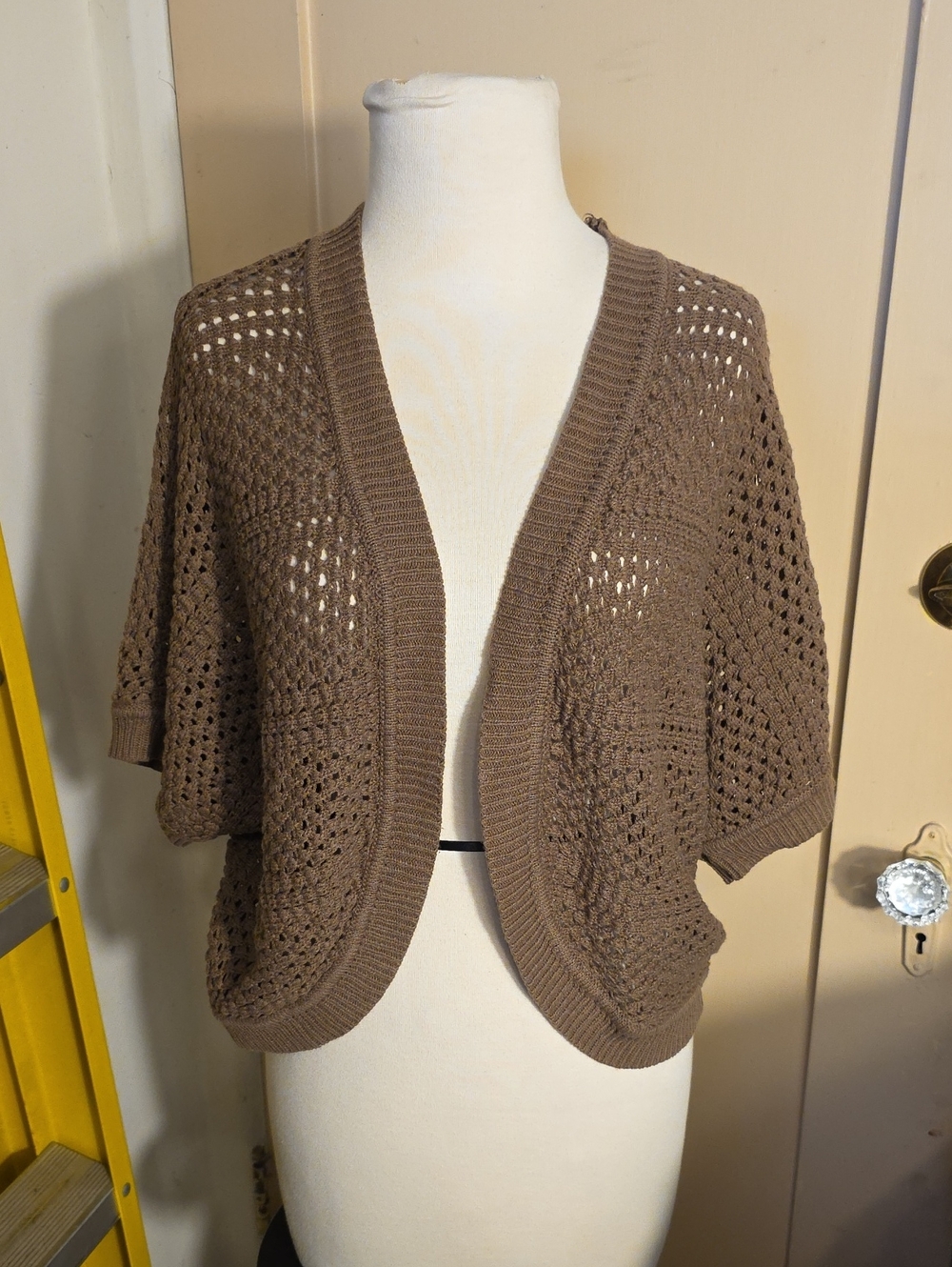 Covington Open-Front Crochet Short-Sleeve Cardigan - Brown